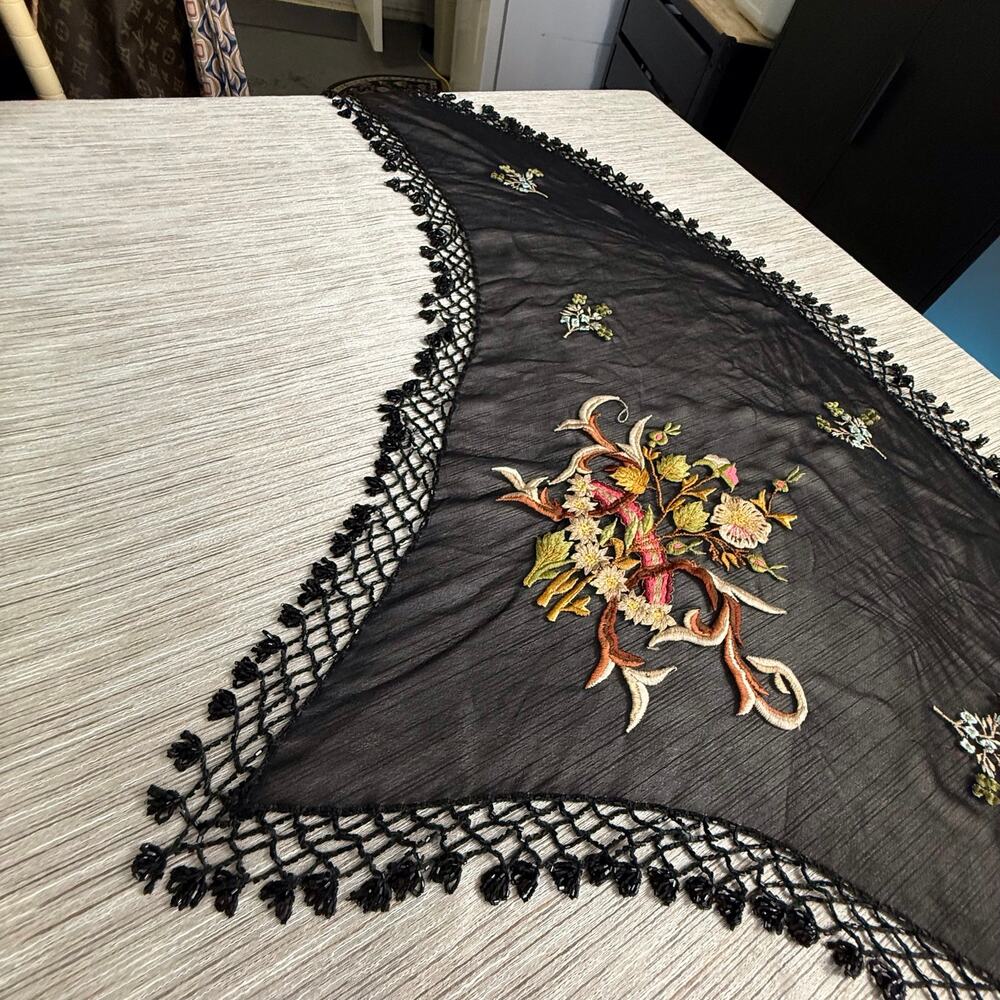 Vintage ATG Embroidered Beaded Fringe Scarf Wrap Shawl Whimsigoth Gypsy Boho‎ - Picture 13 of 16